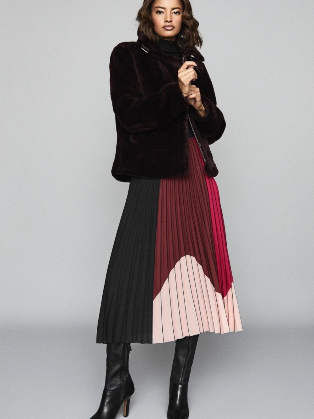 REISS Colorblock Pleated Midi Skirt in Pink and Black - Picture 2 of 9